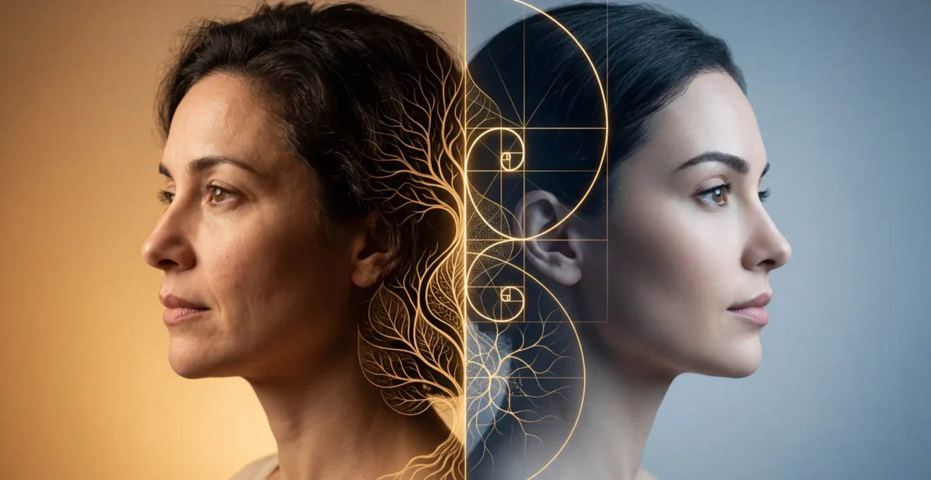 Composizione artistica che rappresenta l'equilibrio tra naturalezza e intervento estetico nel profilo di una persona