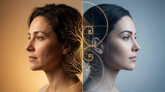 Composizione artistica che rappresenta l'equilibrio tra naturalezza e intervento estetico nel profilo di una persona