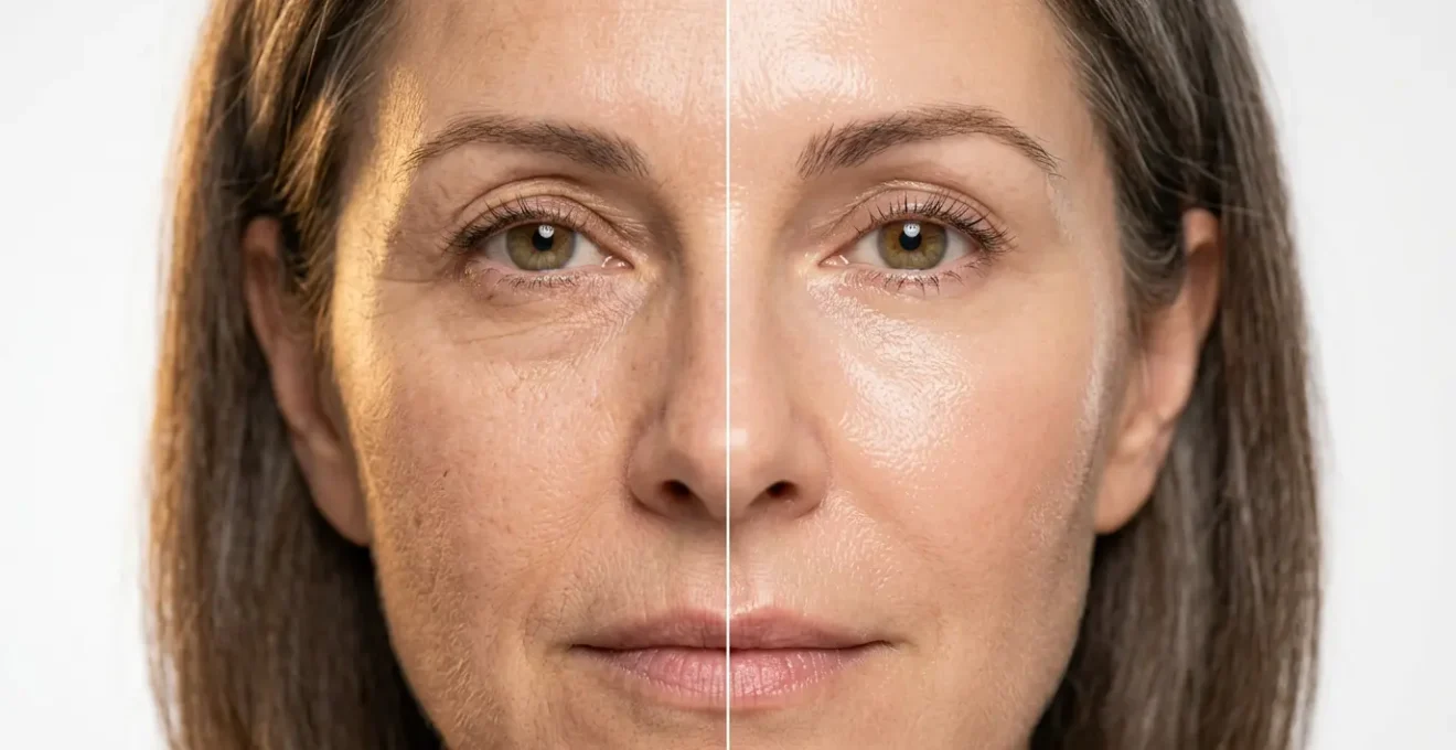 Viso femminile diviso a metà mostra differenza tra pelle trattata con bioristrutturazione e filler