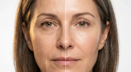 Viso femminile diviso a metà mostra differenza tra pelle trattata con bioristrutturazione e filler