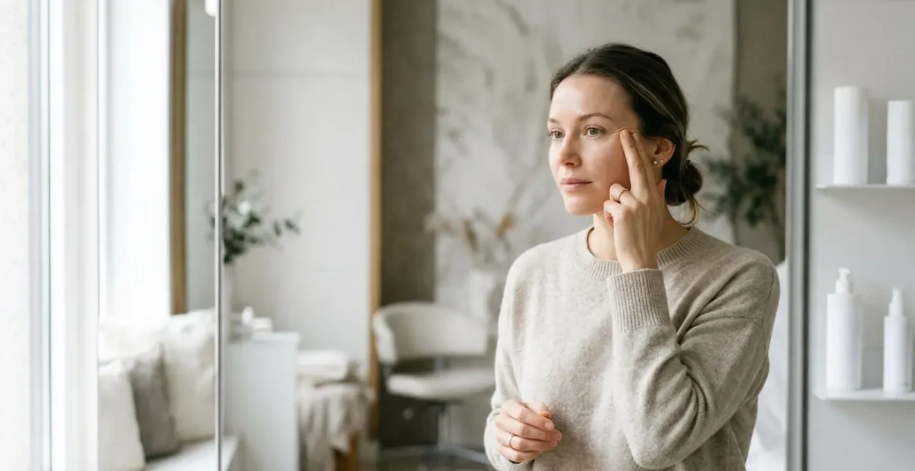Donna giovane che valuta la pelle del viso allo specchio nella clinica di medicina estetica