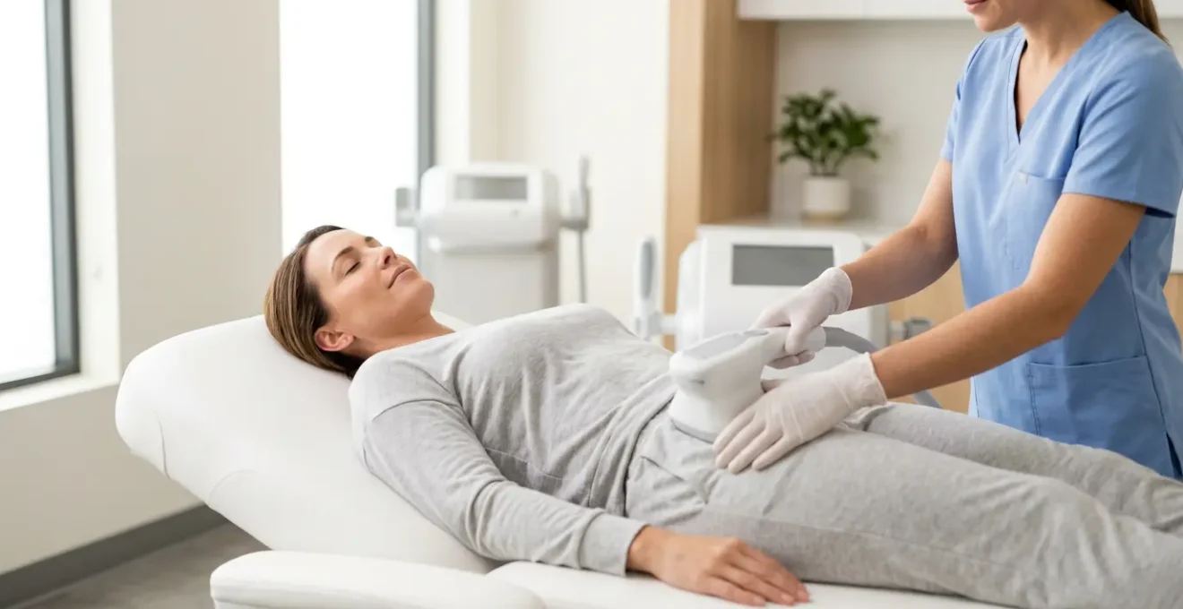 Persona sdraiata durante trattamento estetico non invasivo per riduzione grasso sui fianchi