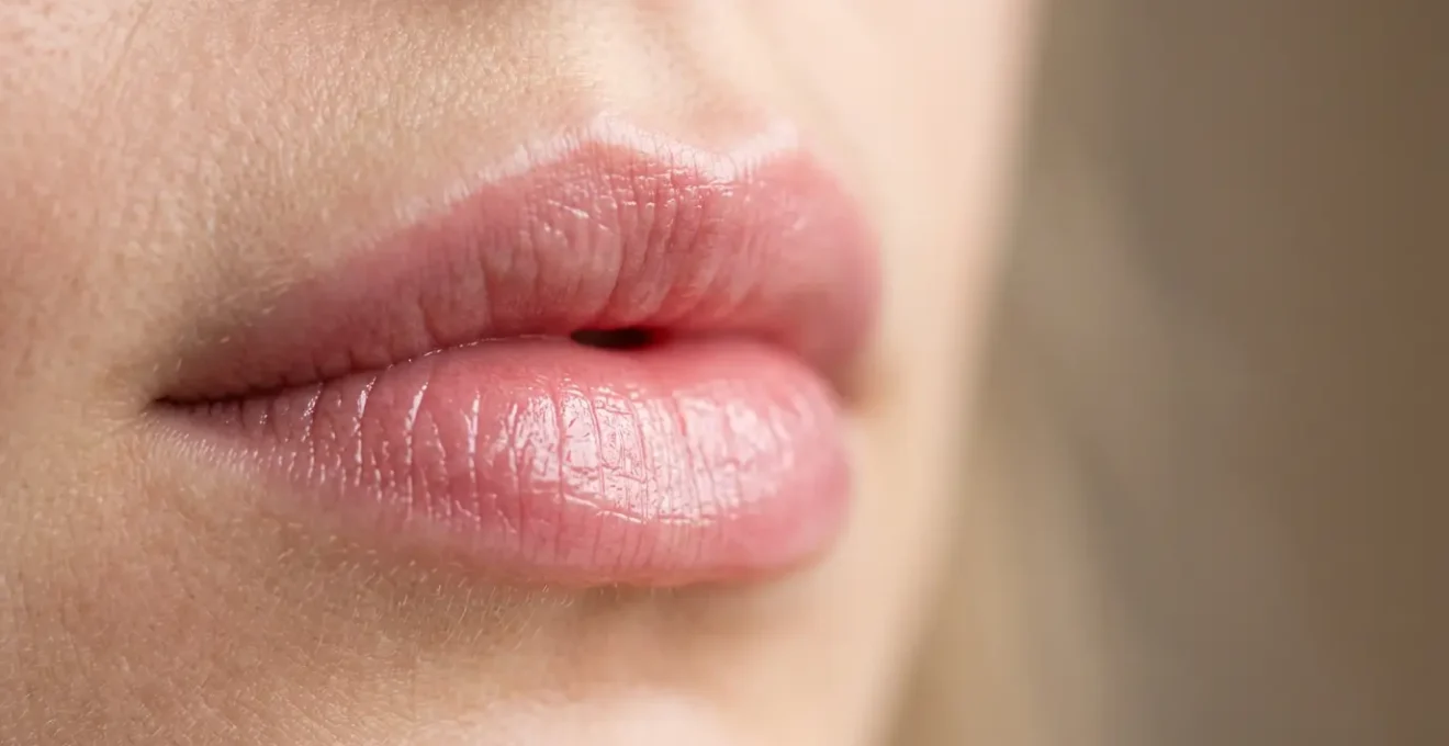 Primo piano di labbra femminili naturalmente voluminose con texture morbida e luminosità naturale