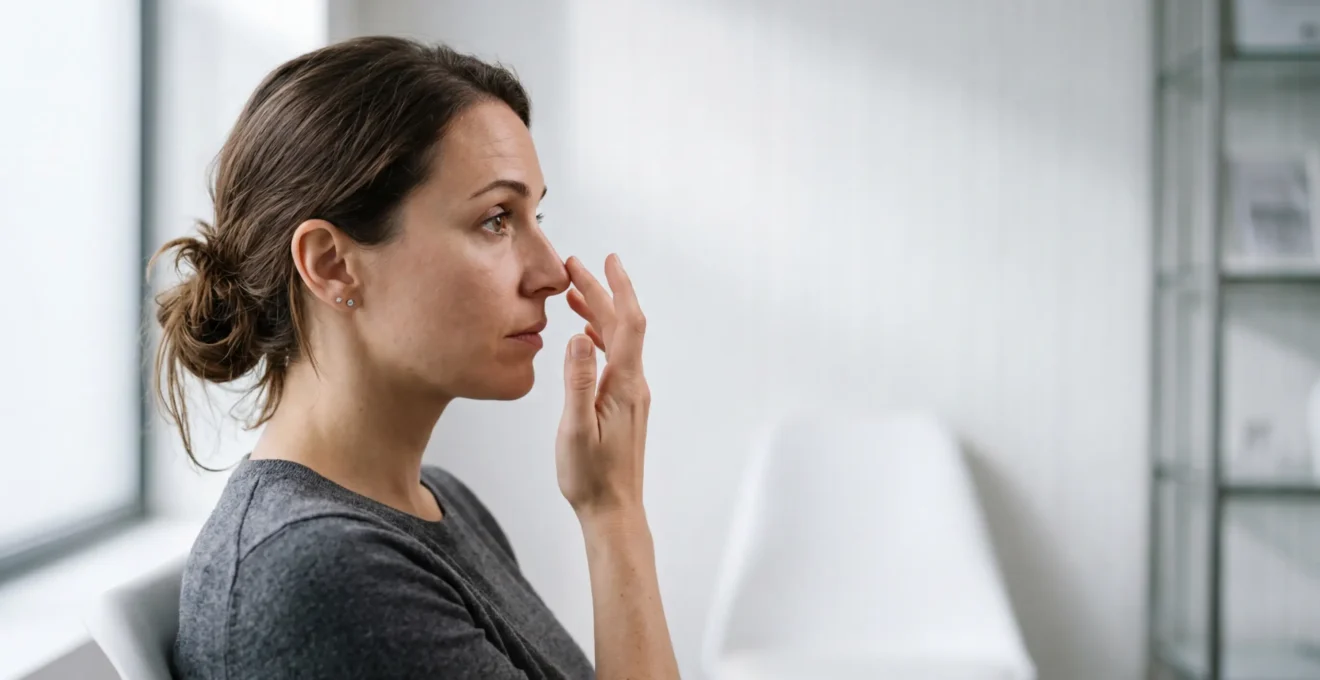 Profilo di donna che riflette sulla scelta tra rinoplastica estetica e funzionale