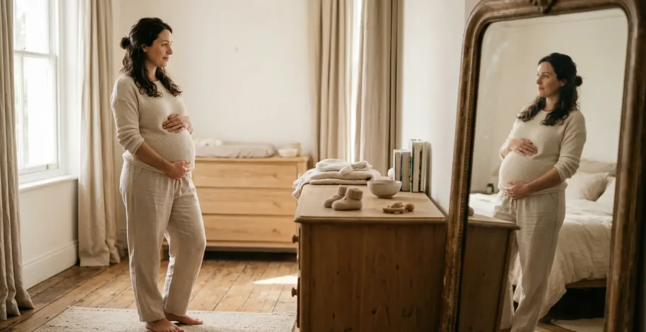 Donna che riflette davanti allo specchio nel periodo post-parto, con elementi simbolici del recupero fisico