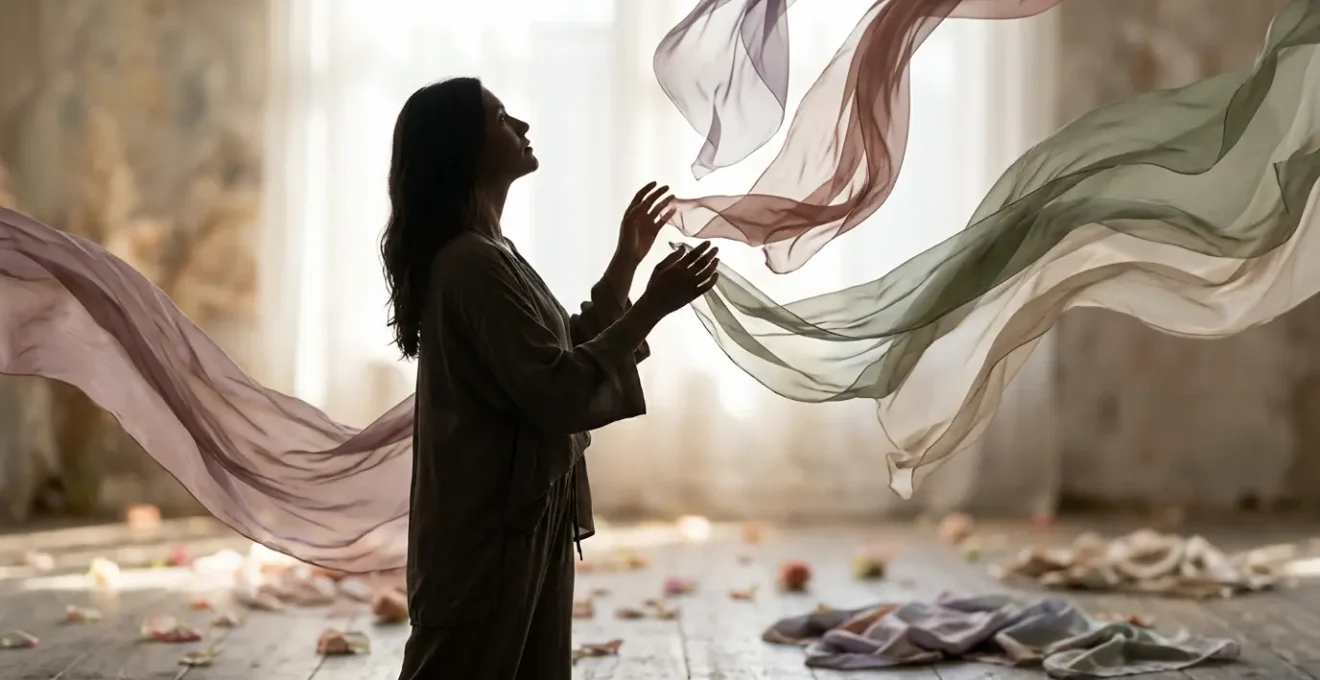 Donna serena che riflette sulla propria trasformazione fisica post-gravidanza con uno sfondo di petali di rosa e tessuti morbidi