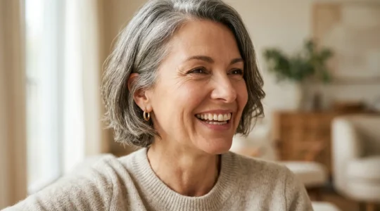 Volto femminile sorridente con pelle liscia nella zona nasolabiale