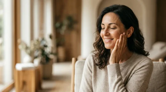 Viso di donna con pelle luminosa e naturale che mostra i risultati di trattamenti estetici non invasivi