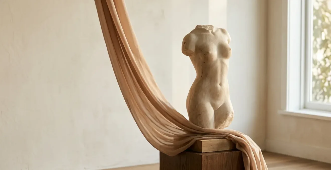 Silhouette femminile elegante con décolleté armonioso e naturale in luce soffusa