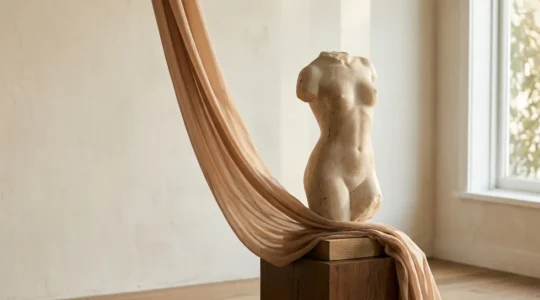 Silhouette femminile elegante con décolleté armonioso e naturale in luce soffusa