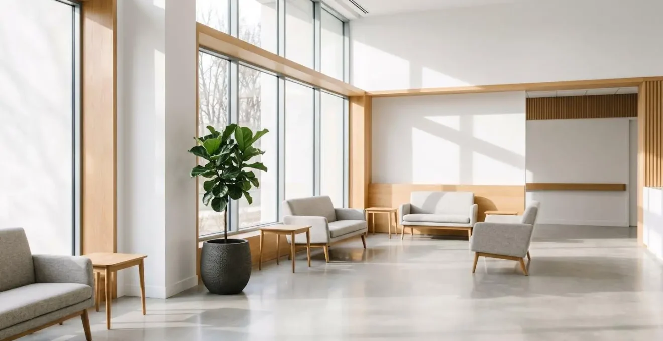 Sala d'attesa di una clinica chirurgica moderna con atmosfera serena