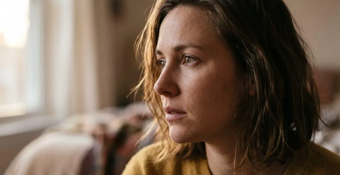 Ritratto emotivo di una donna che si guarda allo specchio con espressione serena e riflessiva