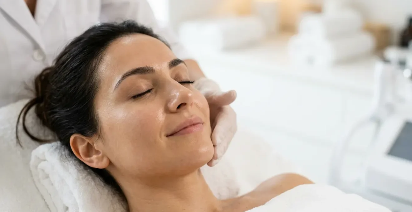 Primo piano di viso femminile con pelle radiosa e perfettamente idratata durante trattamento di biorivitalizzazione