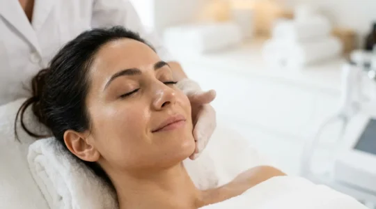 Primo piano di viso femminile con pelle radiosa e perfettamente idratata durante trattamento di biorivitalizzazione
