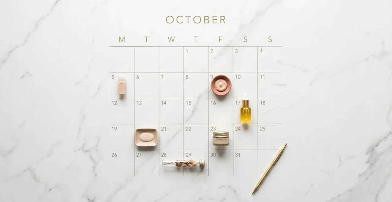 Vista aerea minimalista di calendario con prodotti cosmetici disposti strategicamente sui giorni