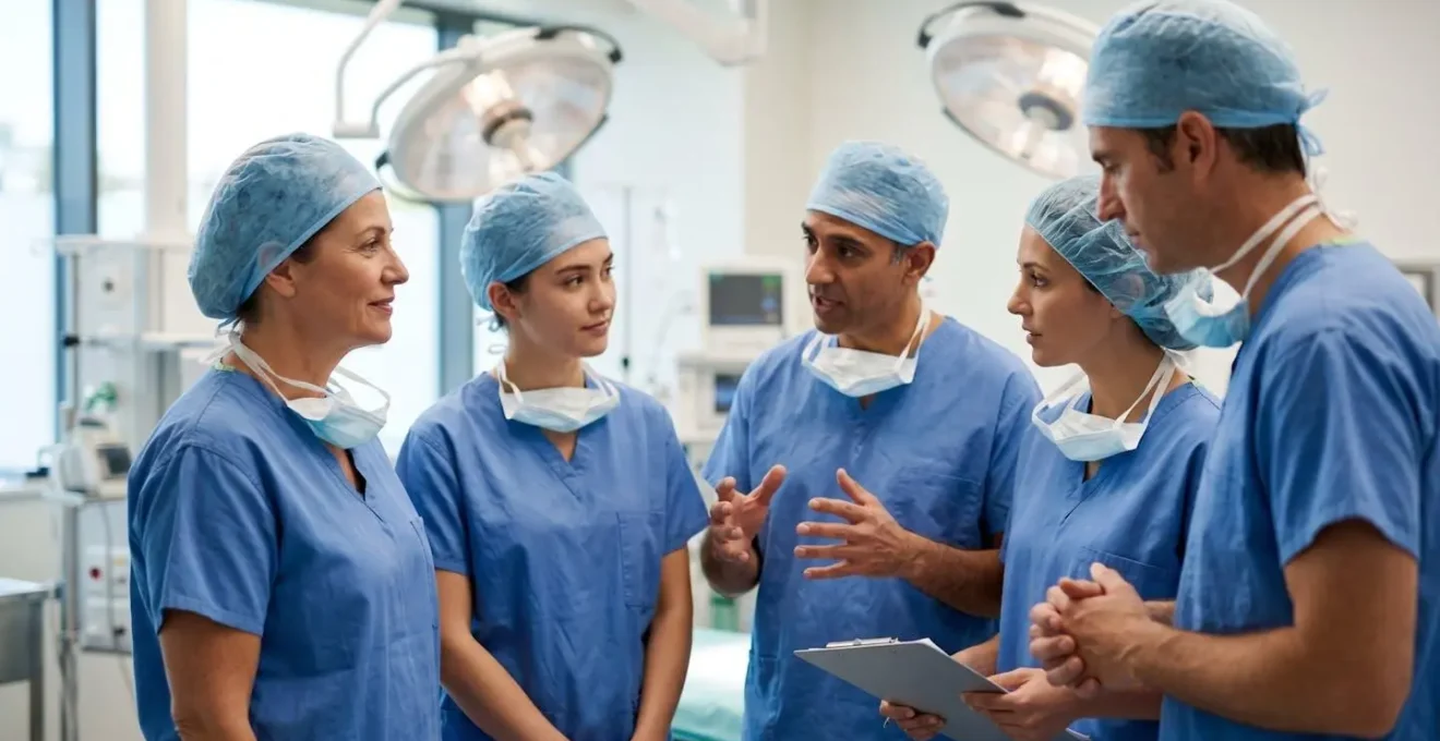 Team chirurgico in abbigliamento sterile durante un briefing pre-operatorio, simbolo di comunicazione e sicurezza.