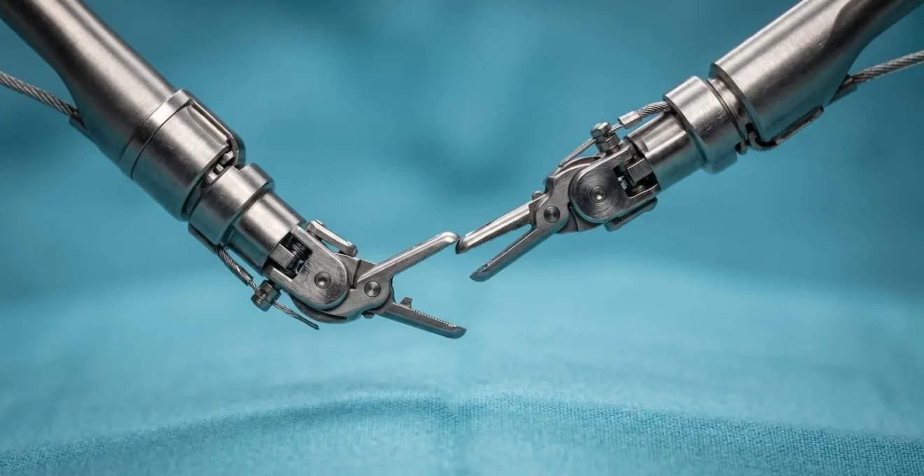 Dettaglio macro di strumenti chirurgici robotici di precisione per intervento di diastasi