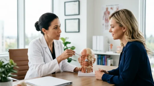 Chirurgo plastico certificato durante un consulto con paziente in studio medico professionale