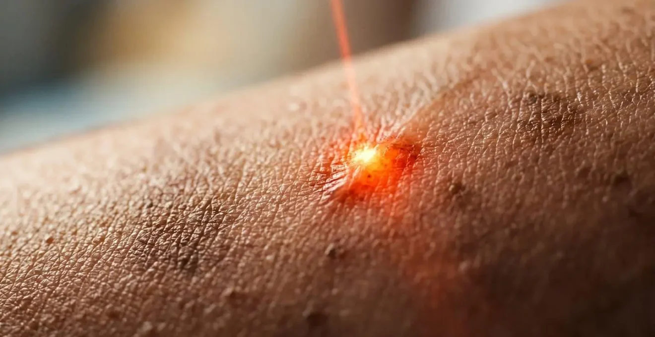 Dettaglio ravvicinato della tecnologia laser che agisce sulla melanina