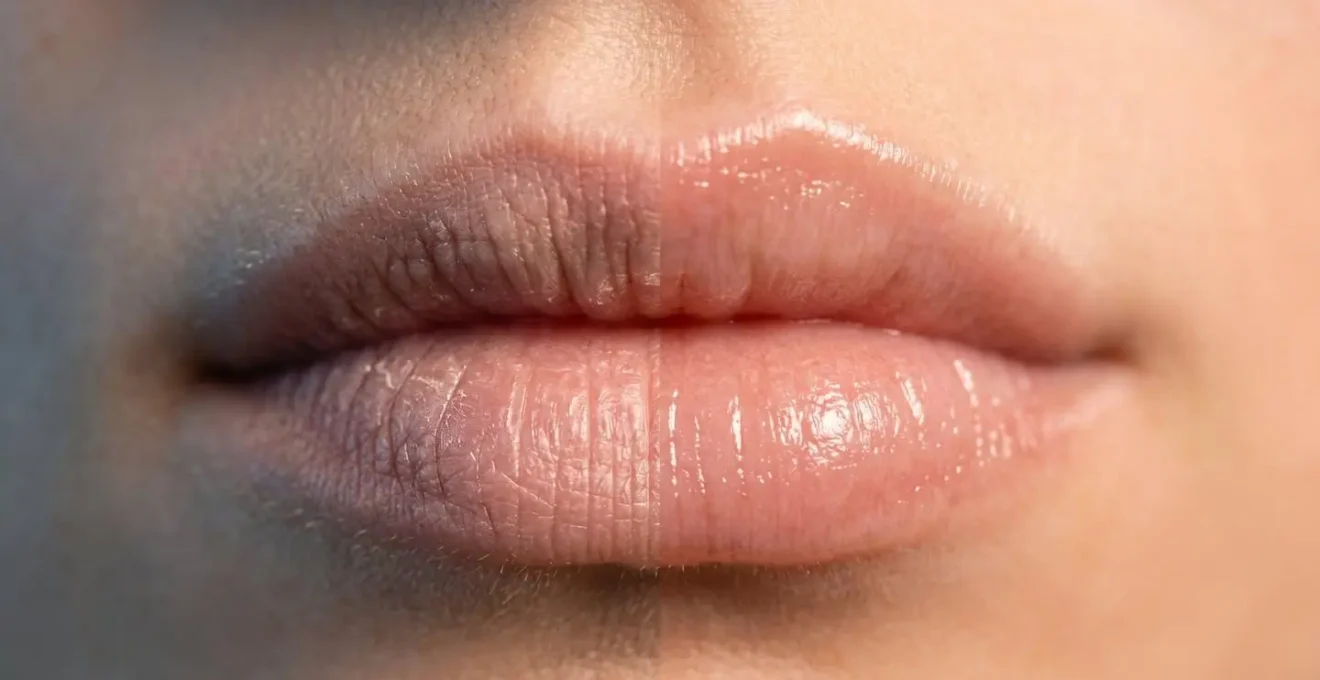 Confronto ravvicinato della texture delle labbra mostrando la differenza tra tessuto secco e idratato
