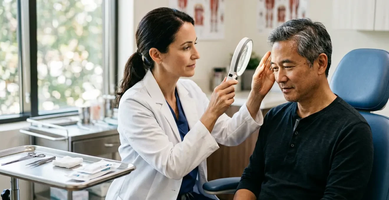 Paziente in consultazione post-operatoria con chirurgo estetico che esamina con attenzione il processo di guarigione