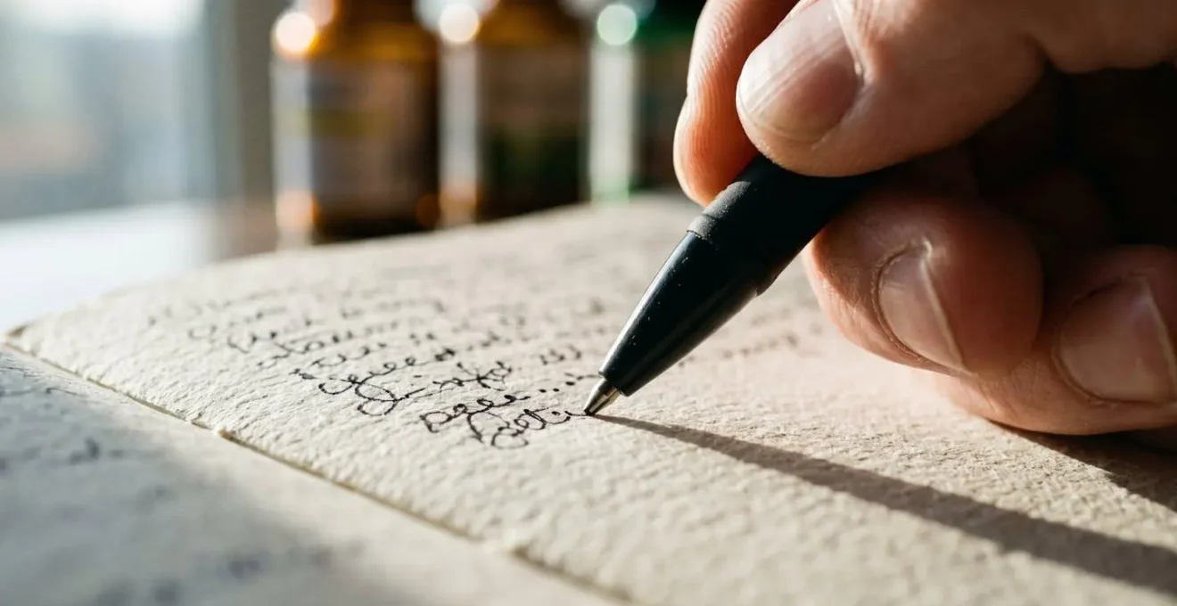 Mani che compilano un diario della salute con farmaci e documenti medici