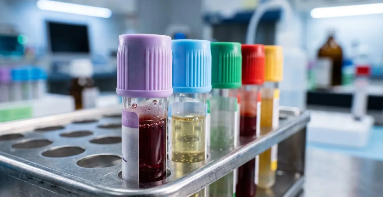 Provette di sangue etichettate in laboratorio con sfondo sfocato di apparecchiature mediche