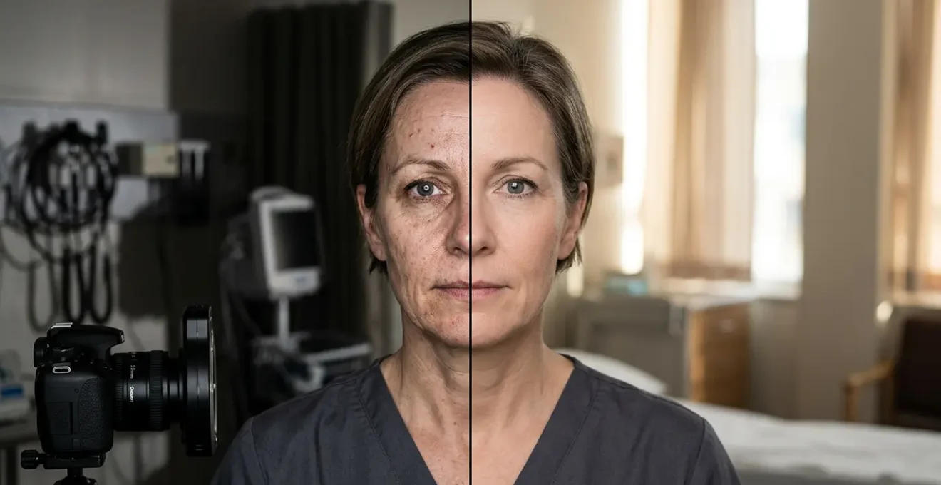 Confronto fotografico prima e dopo in chirurgia estetica con luce clinica standardizzata