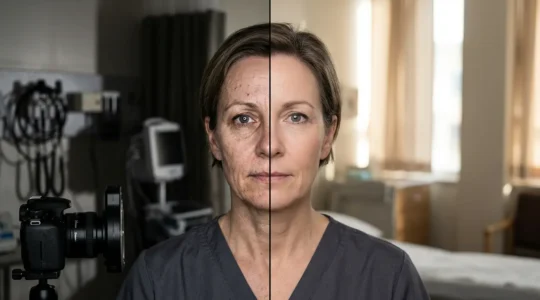 Confronto fotografico prima e dopo in chirurgia estetica con luce clinica standardizzata