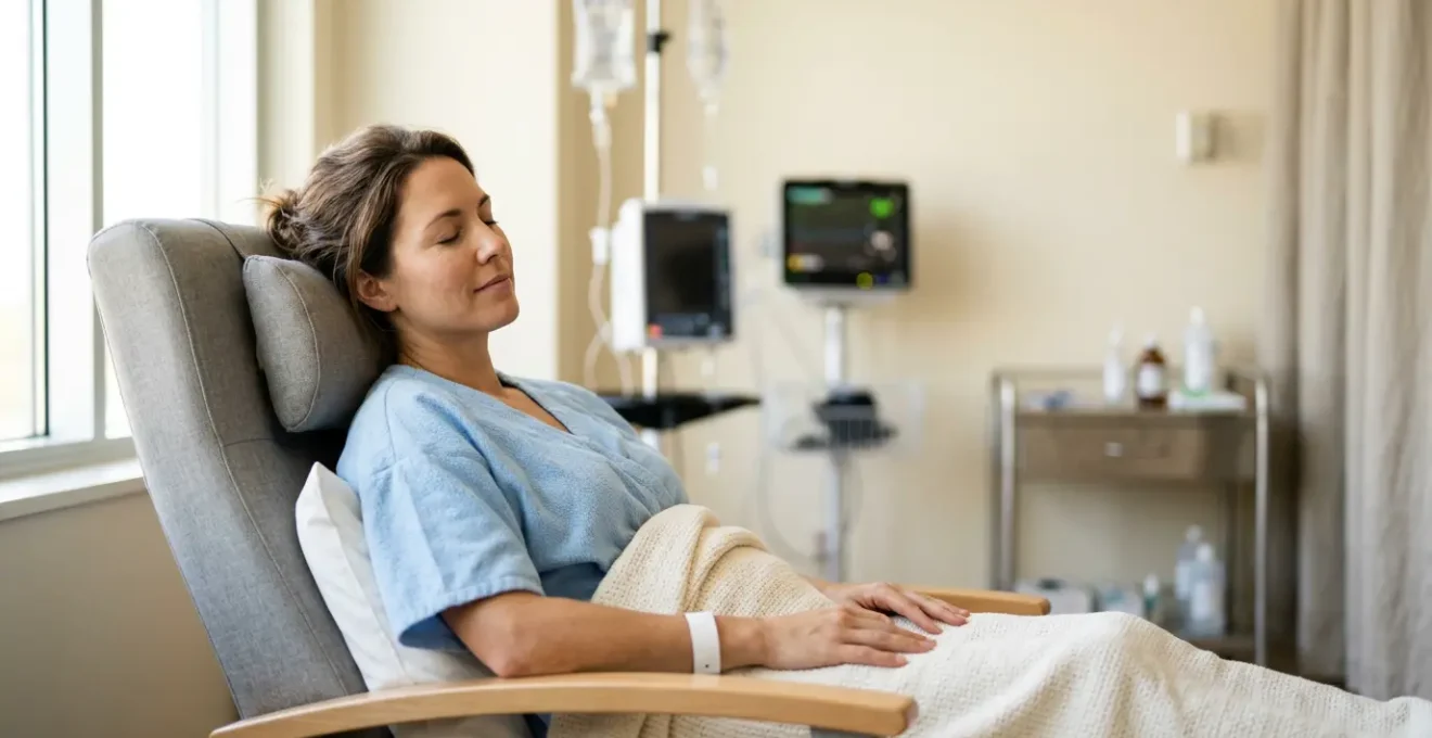 Paziente rilassata con espressione serena dopo intervento chirurgico estetico in ambiente medico moderno