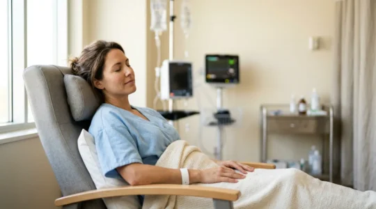 Paziente rilassata con espressione serena dopo intervento chirurgico estetico in ambiente medico moderno