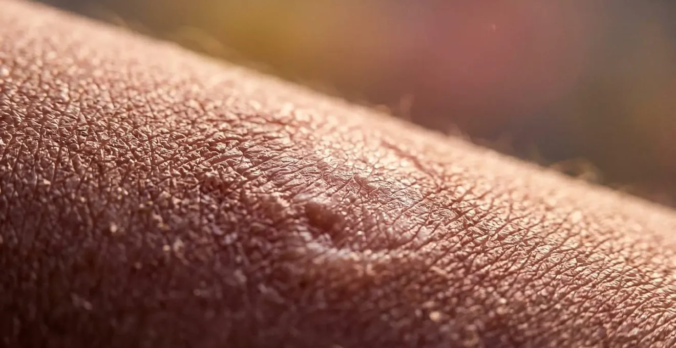 Dettaglio macro della texture cutanea in fase di guarigione che mostra il processo di rigenerazione tissutale
