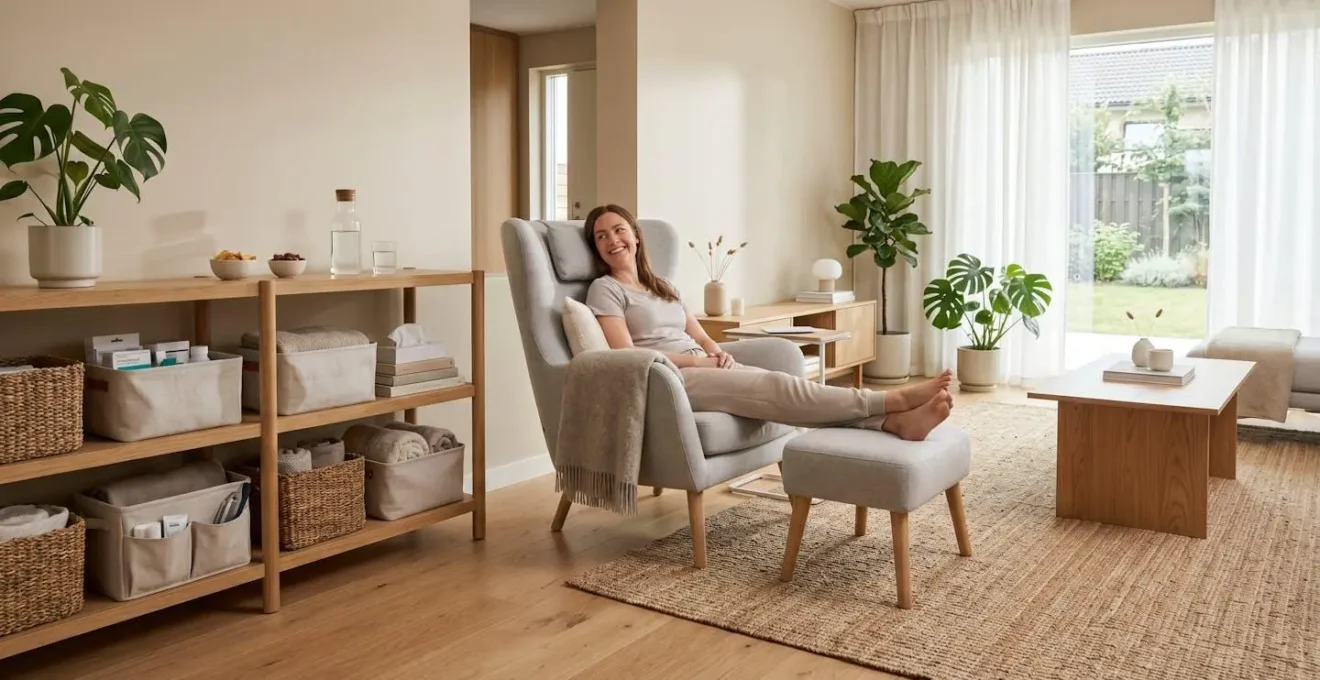 Ambiente domestico organizzato ergonomicamente per il recupero post-operatorio con tutti gli oggetti essenziali a portata di mano