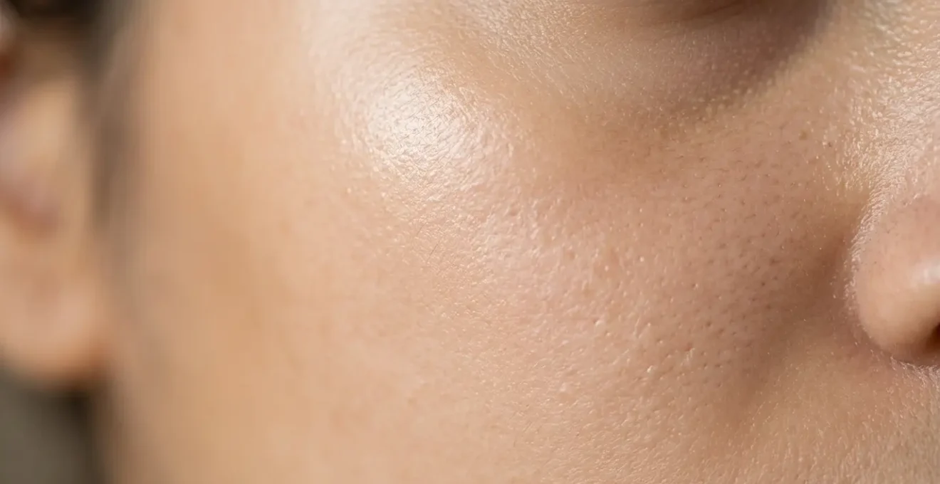 Primo piano di pelle del viso levigata e luminosa con texture uniforme dopo trattamento cicatrici