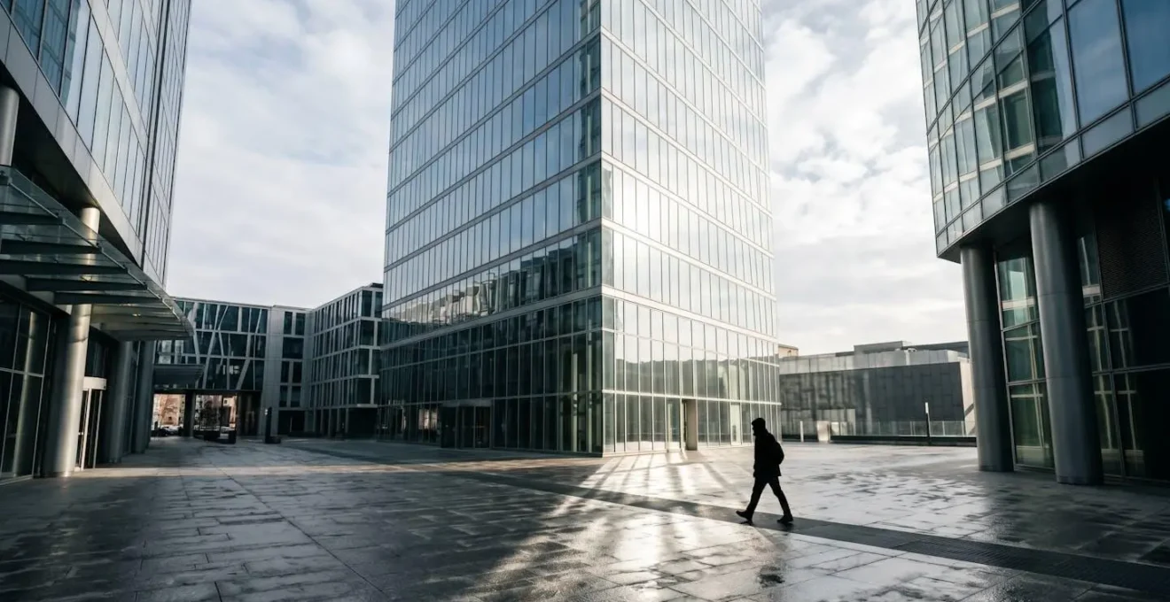 Scena urbana invernale con raggi solari che filtrano tra gli edifici