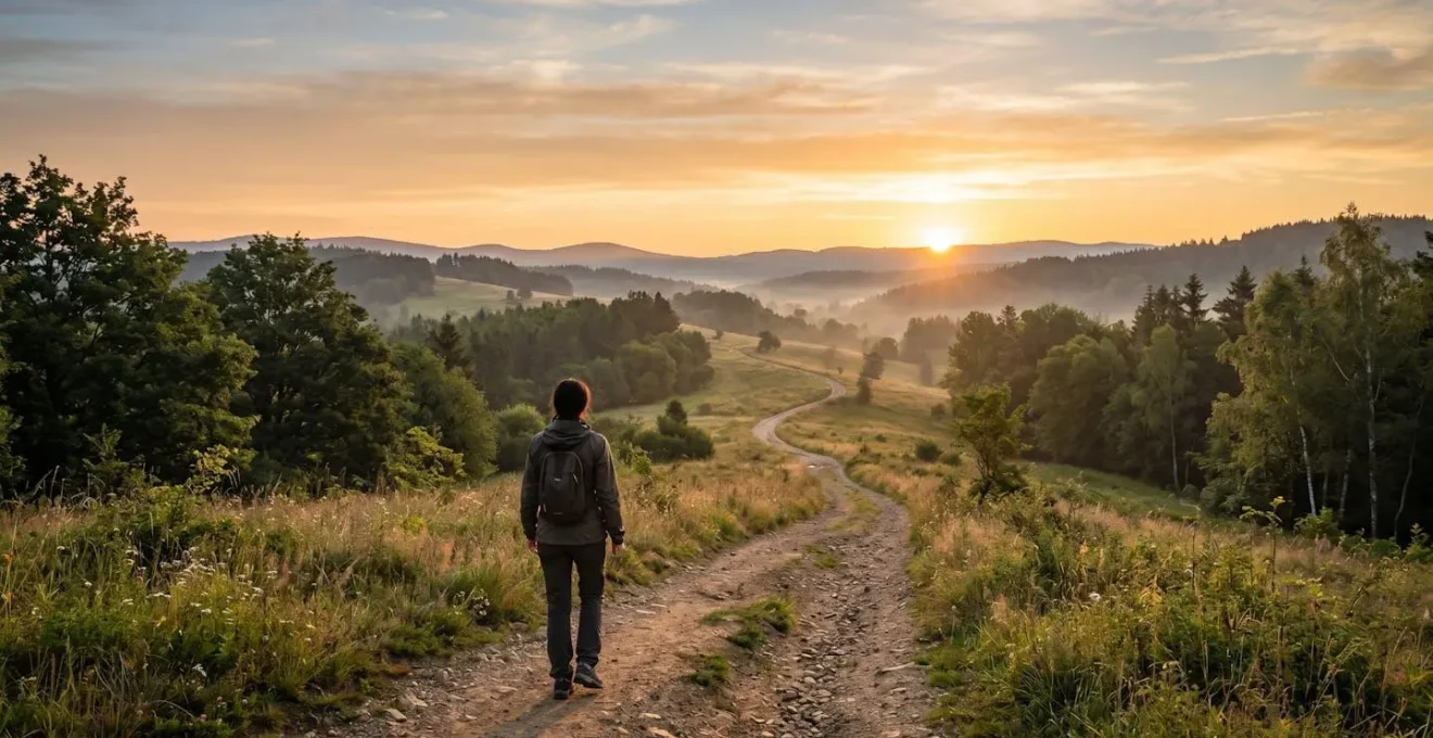 Persona che cammina lungo un sentiero naturale con luce del mattino