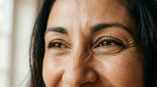 Primo piano del sorriso autentico di una donna con pelle luminosa e occhi espressivi