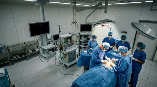 Ambiente chirurgico con team medico professionale durante un intervento di chirurgia estetica