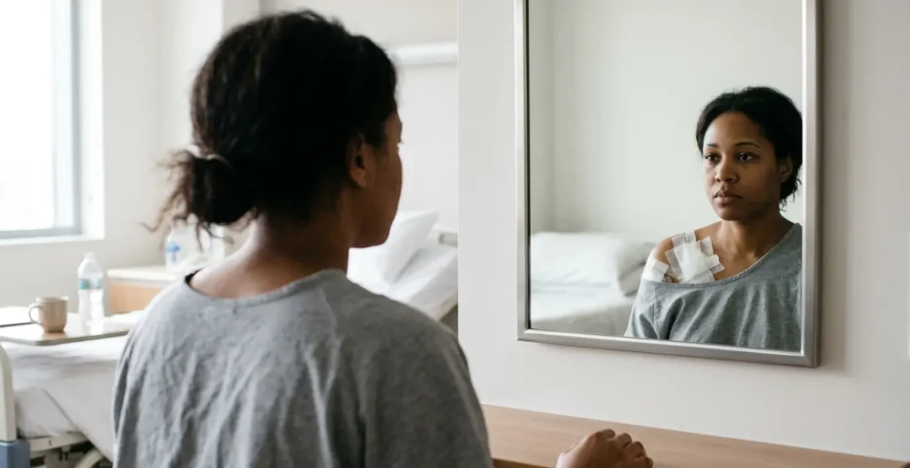 Paziente che osserva il proprio riflesso nello specchio dopo un intervento di chirurgia estetica