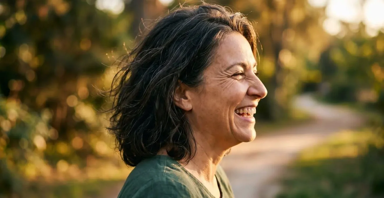 Profilo laterale di donna che sorride mostrando espressività naturale