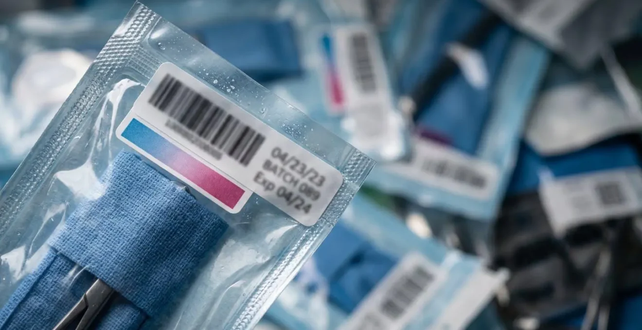 Sistema di tracciabilità per strumenti chirurgici sterilizzati con etichette e codici a barre su buste sigillate.