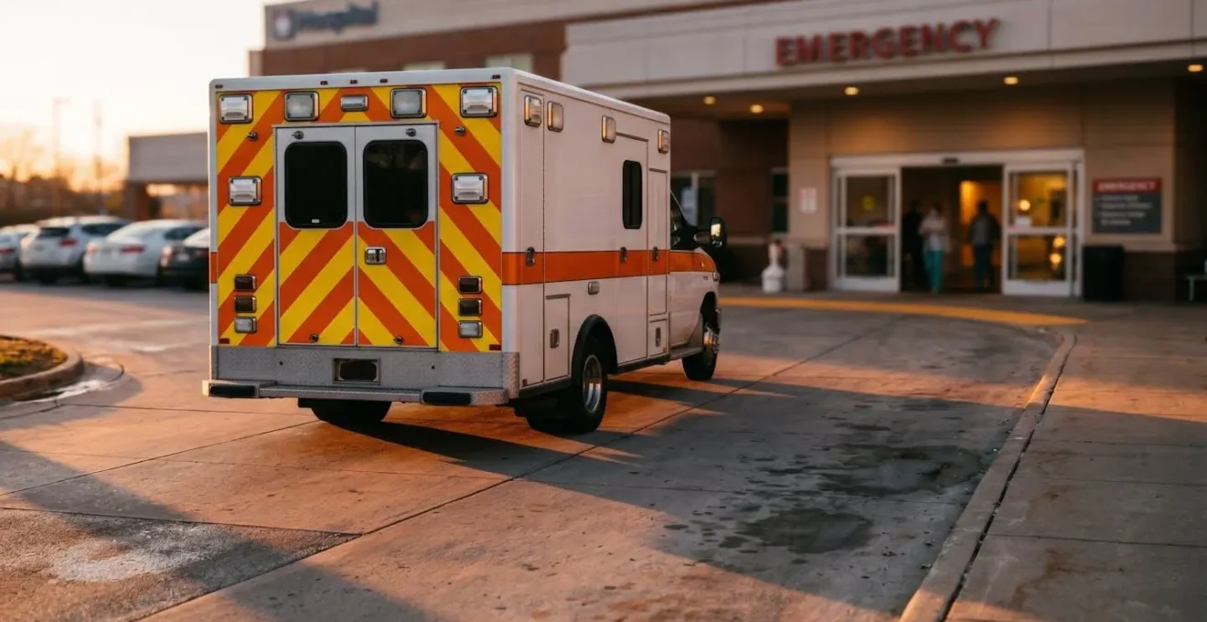Ambulanza moderna davanti all'ingresso di un ospedale italiano