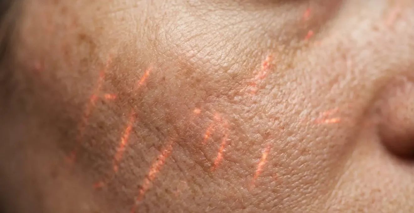 Dettaglio macro della texture della pelle durante trattamento laser per macchie solari