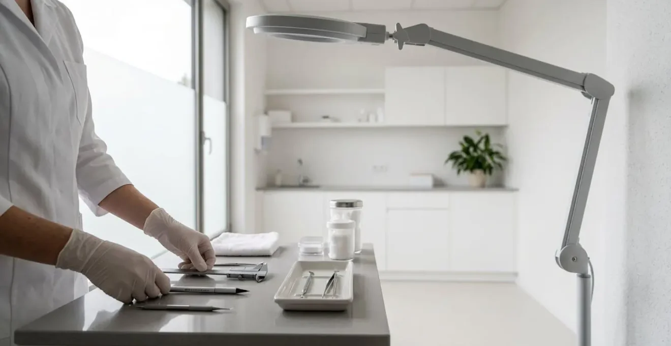 Ambiente medico minimalista con focus su strumenti professionali per valutazione estetica
