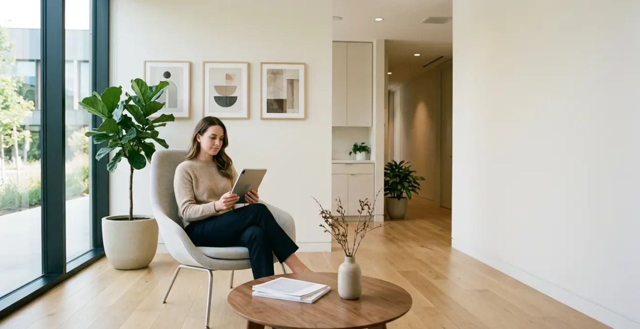 Persona che analizza recensioni online su tablet in ambiente clinico moderno