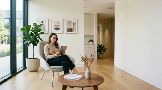 Persona che analizza recensioni online su tablet in ambiente clinico moderno